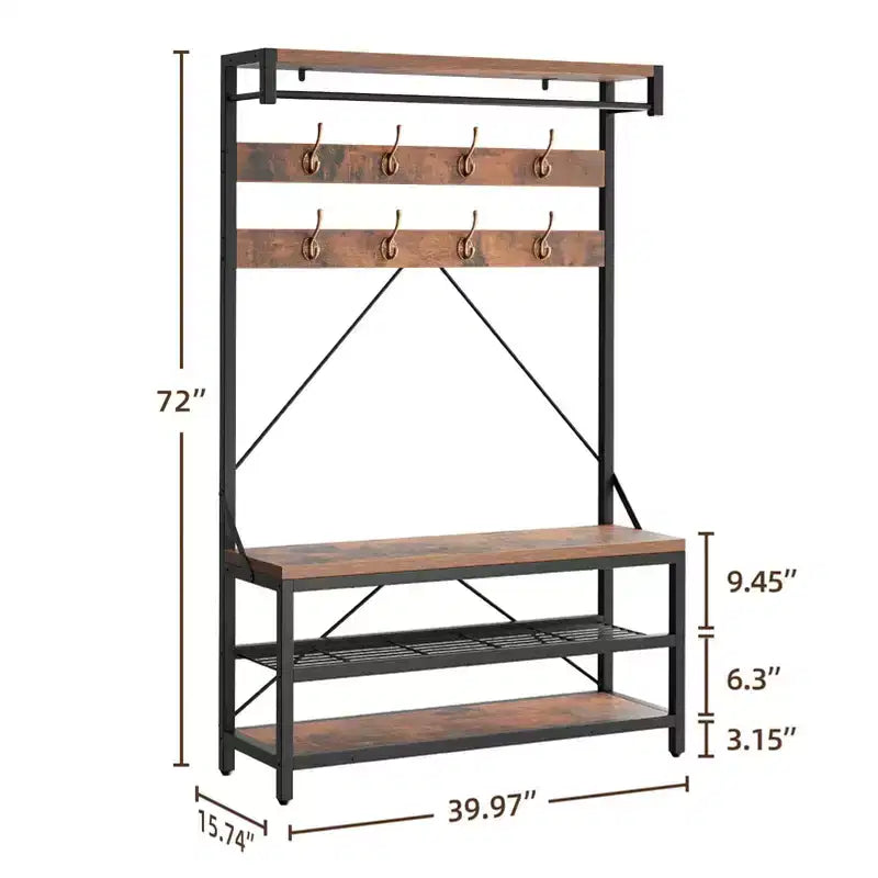 72 Penderie d'entrée avec banc à chaussures, rangement en bois pour entrée, barre de suspension et 8 crochets, étagère d'appoint pour manteaux et chaussures