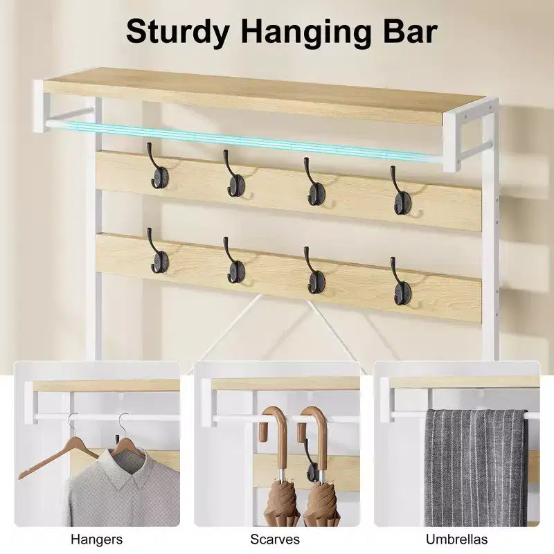 72 Penderie d'entrée avec banc à chaussures, rangement en bois pour entrée, barre de suspension et 8 crochets, étagère d'appoint pour manteaux et chaussures