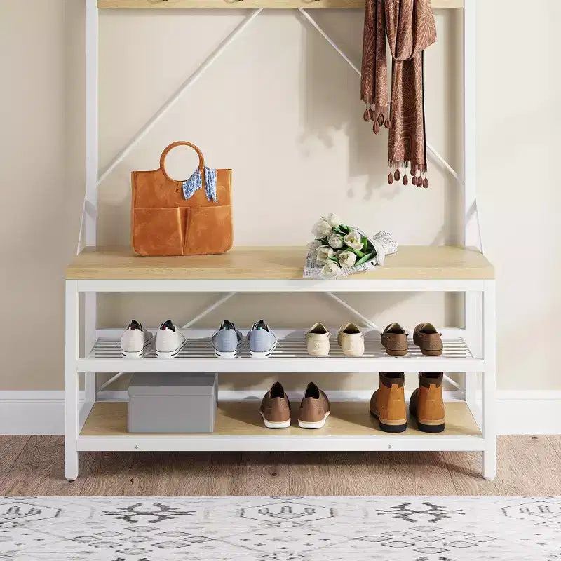 72 Penderie d'entrée avec banc à chaussures, rangement en bois pour entrée, barre de suspension et 8 crochets, étagère d'appoint pour manteaux et chaussures