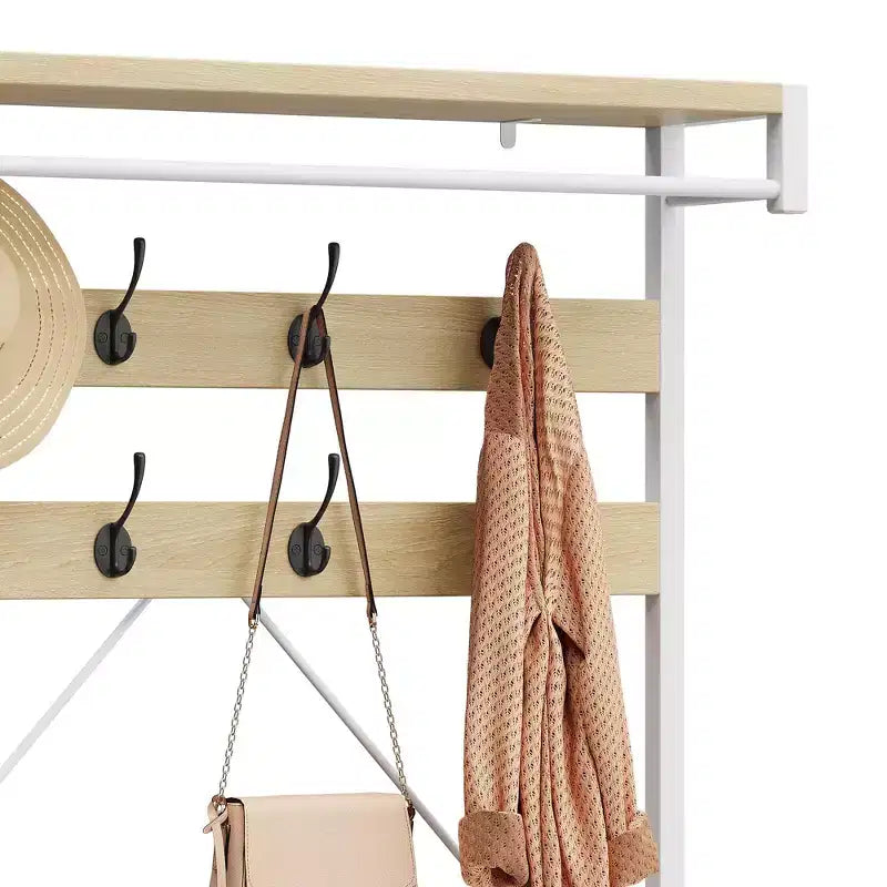 72 Penderie d'entrée avec banc à chaussures, rangement en bois pour entrée, barre de suspension et 8 crochets, étagère d'appoint pour manteaux et chaussures