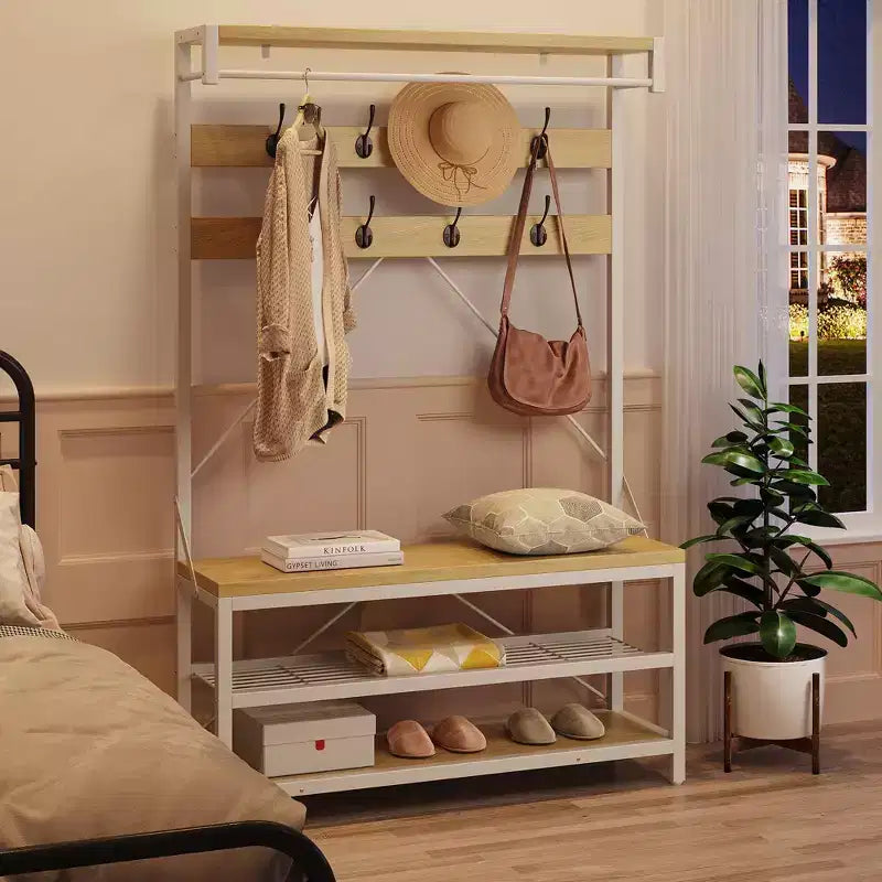 72 Penderie d'entrée avec banc à chaussures, rangement en bois pour entrée, barre de suspension et 8 crochets, étagère d'appoint pour manteaux et chaussures
