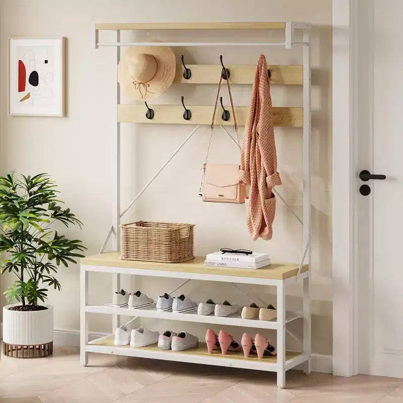 72 Penderie d'entrée avec banc à chaussures, rangement en bois pour entrée, barre de suspension et 8 crochets, étagère d'appoint pour manteaux et chaussures