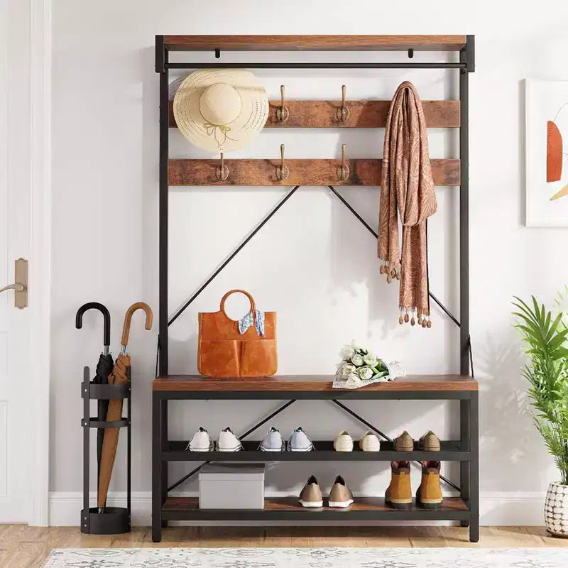 72 Penderie d'entrée avec banc à chaussures, rangement en bois pour entrée, barre de suspension et 8 crochets, étagère d'appoint pour manteaux et chaussures