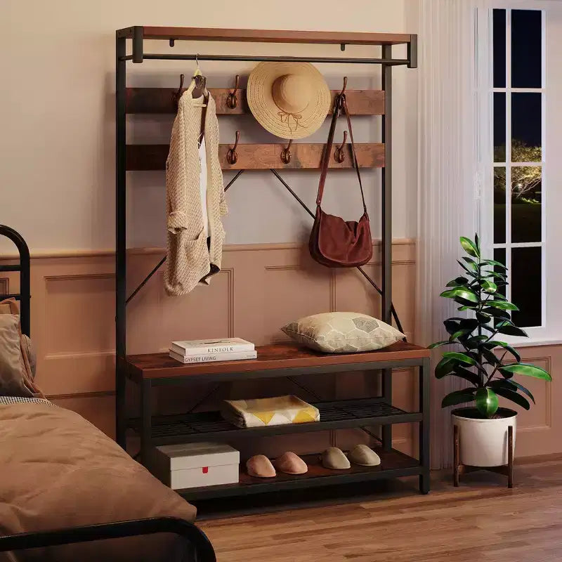 72 Penderie d'entrée avec banc à chaussures, rangement en bois pour entrée, barre de suspension et 8 crochets, étagère d'appoint pour manteaux et chaussures