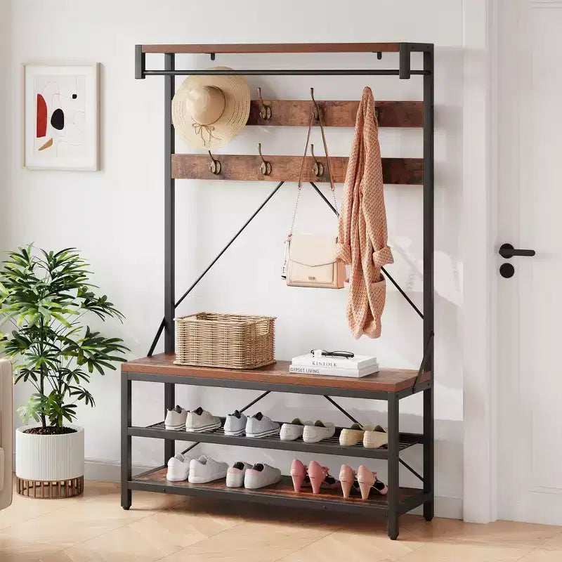 72 Penderie d'entrée avec banc à chaussures, rangement en bois pour entrée, barre de suspension et 8 crochets, étagère d'appoint pour manteaux et chaussures