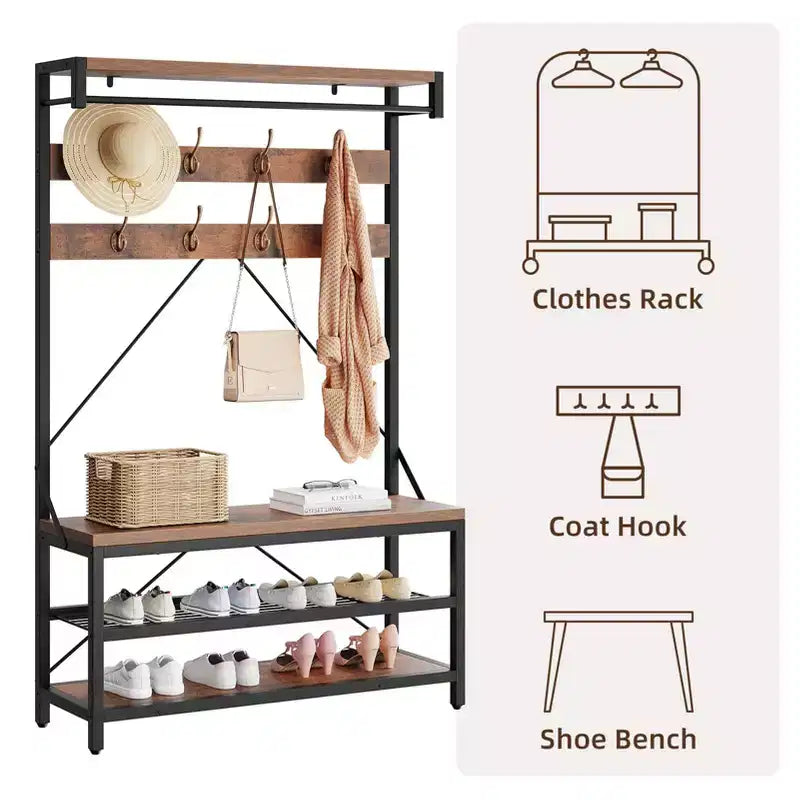 72 Penderie d'entrée avec banc à chaussures, rangement en bois pour entrée, barre de suspension et 8 crochets, étagère d'appoint pour manteaux et chaussures