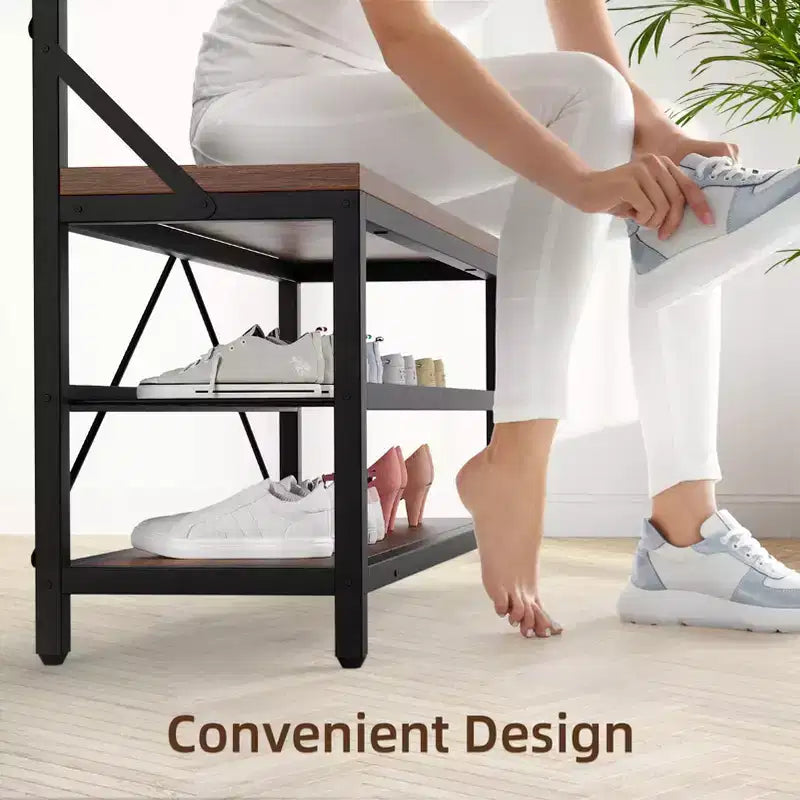 72 Penderie d'entrée avec banc à chaussures, rangement en bois pour entrée, barre de suspension et 8 crochets, étagère d'appoint pour manteaux et chaussures