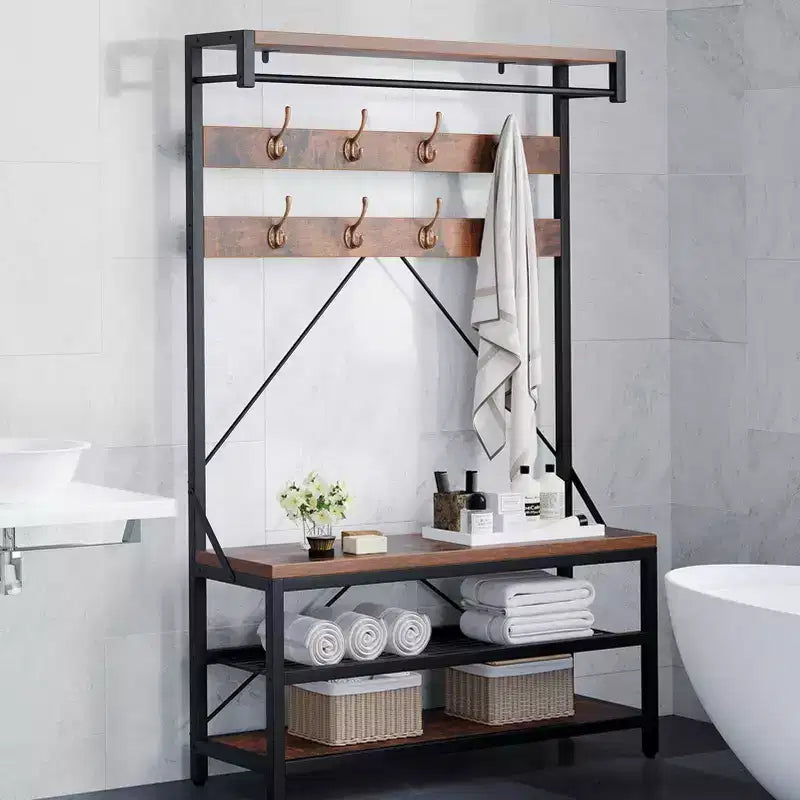 72 Penderie d'entrée avec banc à chaussures, rangement en bois pour entrée, barre de suspension et 8 crochets, étagère d'appoint pour manteaux et chaussures