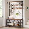 72 Industrial Hall Tree with Shoe Bench,Wood Look Entryway Storage, Hanging Bar &amp; 8 Hooks, Accent Shelf for Coats &amp; Shoes