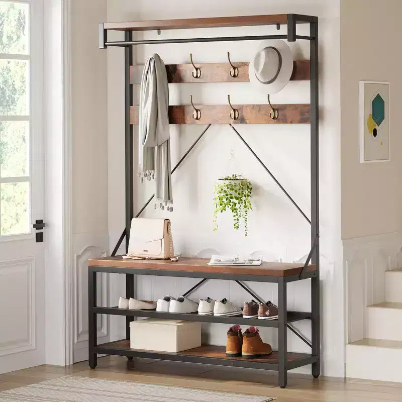 72 Industrial Hall Tree with Shoe Bench,Wood Look Entryway Storage, Hanging Bar &amp; 8 Hooks, Accent Shelf for Coats &amp; Shoes