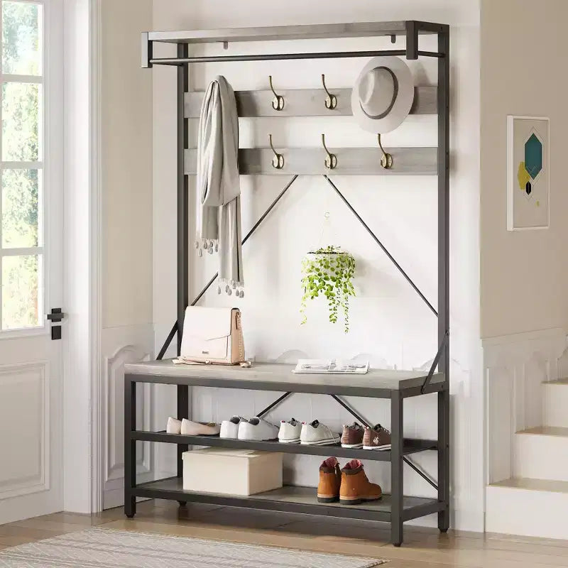 72 Penderie d'entrée avec banc à chaussures, rangement en bois pour entrée, barre de suspension et 8 crochets, étagère d'appoint pour manteaux et chaussures