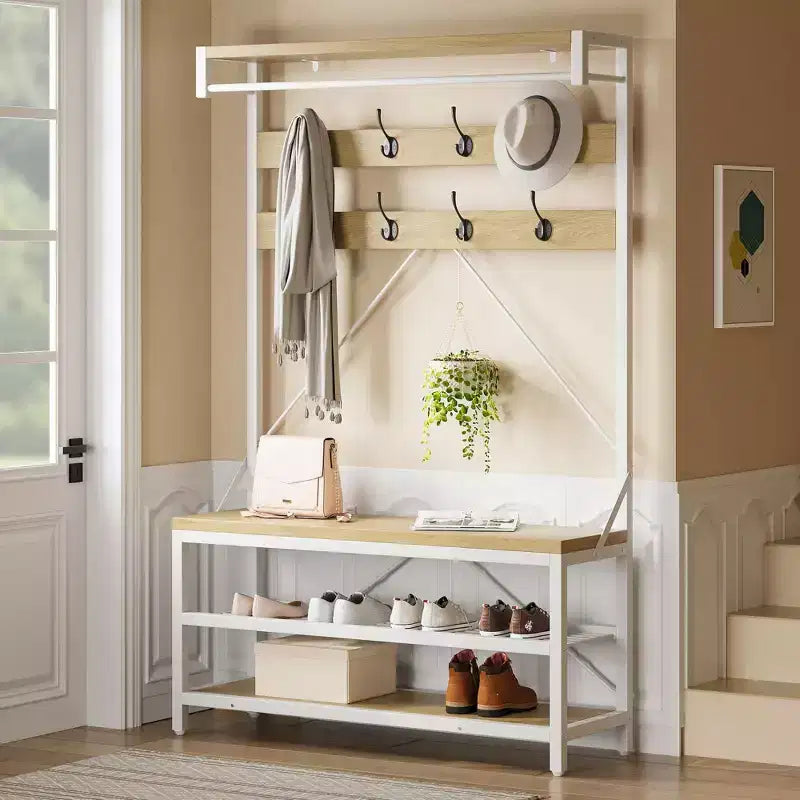 72 Penderie d'entrée avec banc à chaussures, rangement en bois pour entrée, barre de suspension et 8 crochets, étagère d'appoint pour manteaux et chaussures