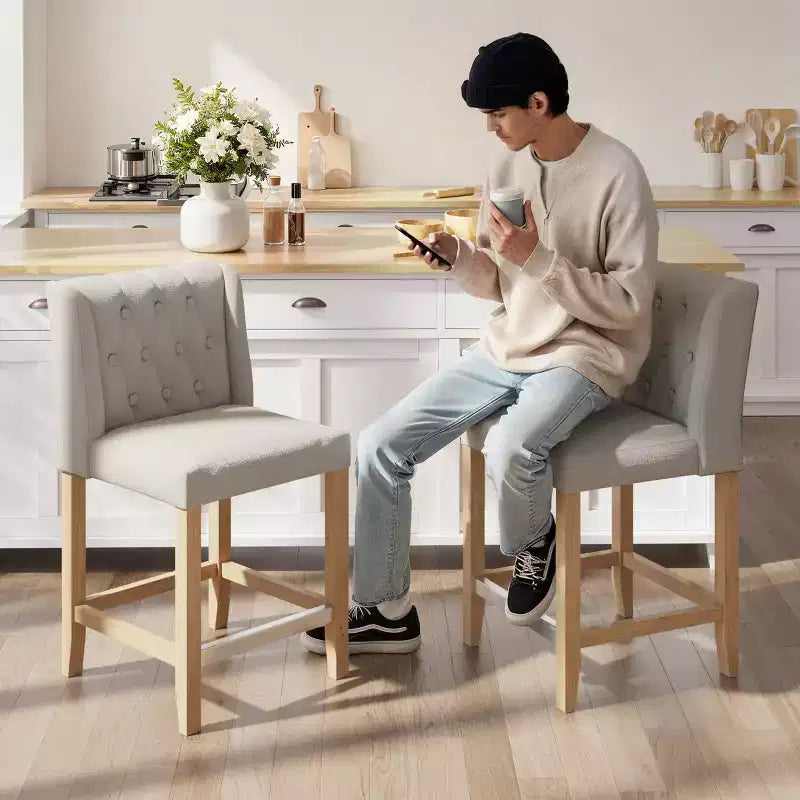 Tabouret de comptoir et de bar avec cadre en bois massif et assise rembourrée (Lot de 2)