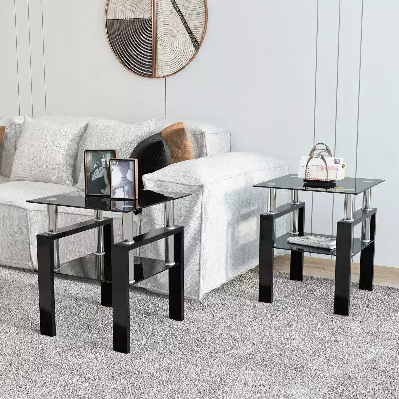 Glass Coffee Table, Modern Minimalist Square End Table with Metal Legs, Tempered Glass Top, for Home Office Living Room