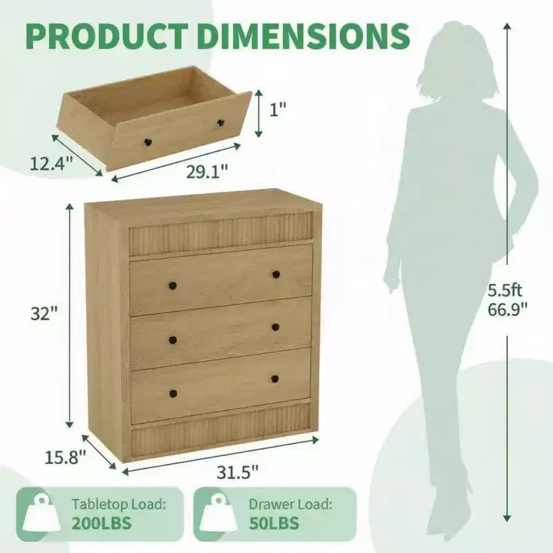 Commode de chevet à 3 tiroirs cannelés, largeur 80 cm, rangement moderne pour chambre, couloir et chambre d'enfant