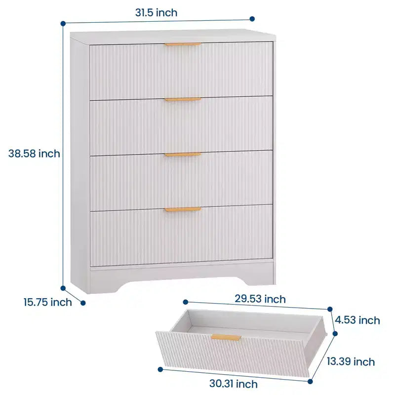 Commode à 4 tiroirs, commode moderne cannelée de 98 cm avec poignées dorées, rangement polyvalent pour chambre à coucher, salon, couloir et chambre de bébé