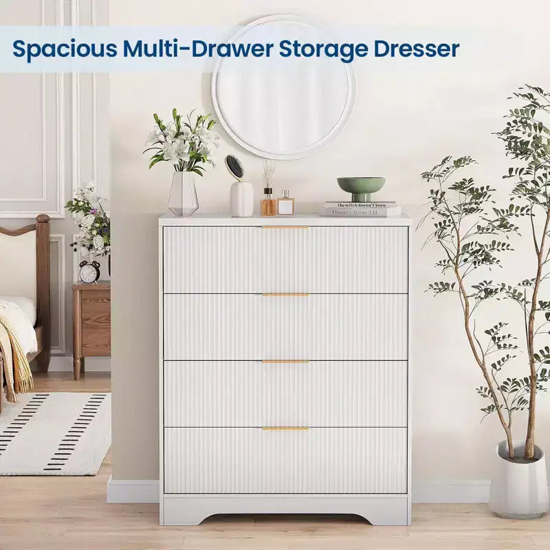 Commode à 4 tiroirs, commode moderne cannelée de 98 cm avec poignées dorées, rangement polyvalent pour chambre à coucher, salon, couloir et chambre de bébé