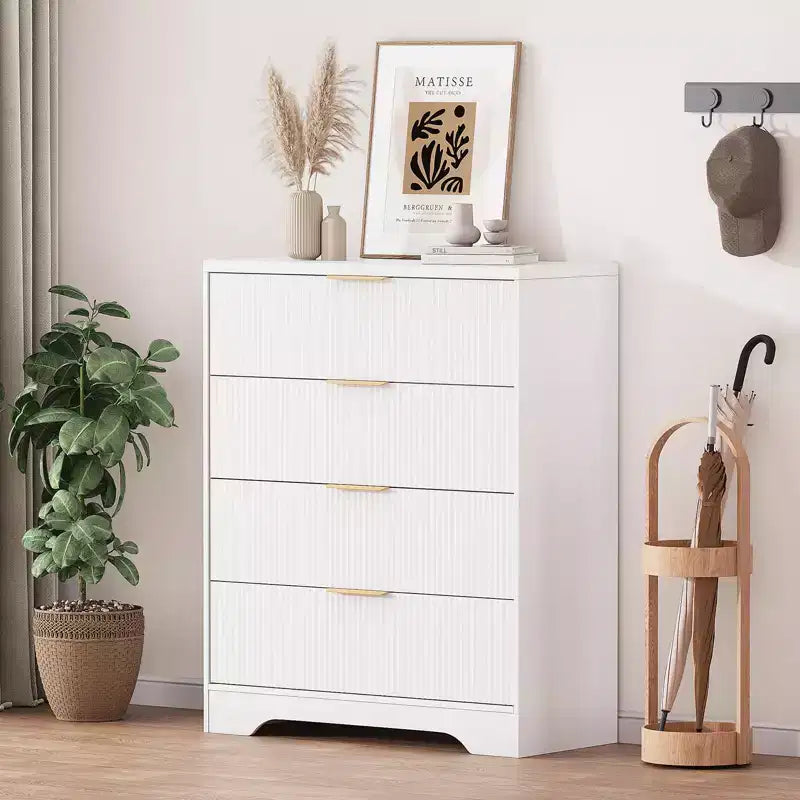 Commode à 4 tiroirs, commode moderne cannelée de 98 cm avec poignées dorées, rangement polyvalent pour chambre à coucher, salon, couloir et chambre de bébé