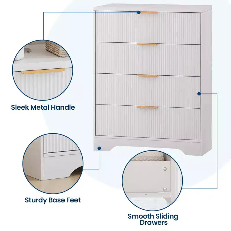 Commode à 4 tiroirs, commode moderne cannelée de 98 cm avec poignées dorées, rangement polyvalent pour chambre à coucher, salon, couloir et chambre de bébé