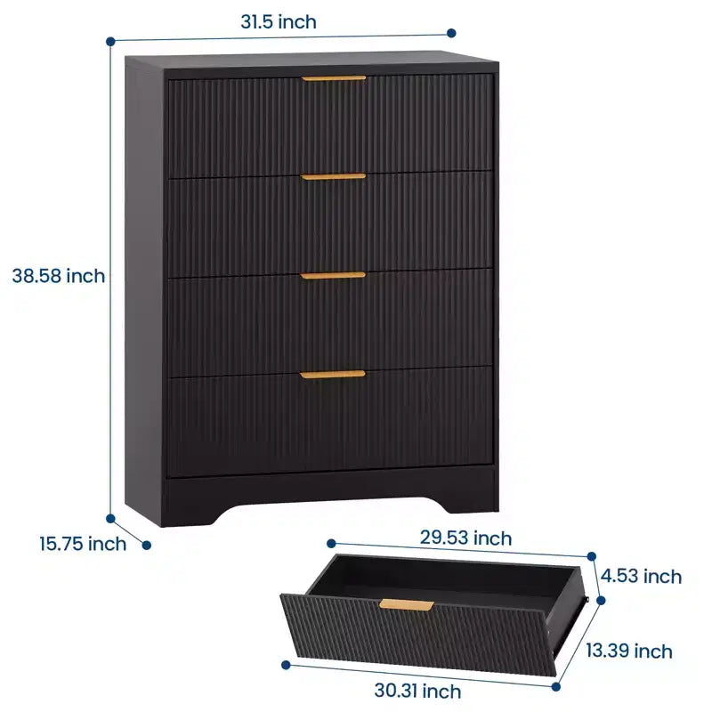 Commode à 4 tiroirs, commode moderne cannelée de 98 cm avec poignées dorées, rangement polyvalent pour chambre à coucher, salon, couloir et chambre de bébé