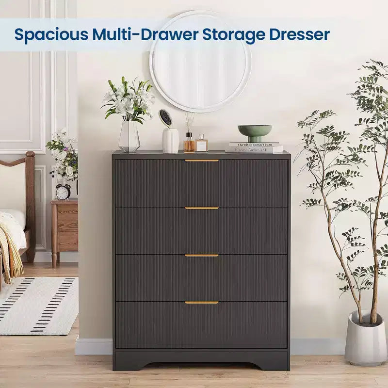 Commode à 4 tiroirs, commode moderne cannelée de 98 cm avec poignées dorées, rangement polyvalent pour chambre à coucher, salon, couloir et chambre de bébé