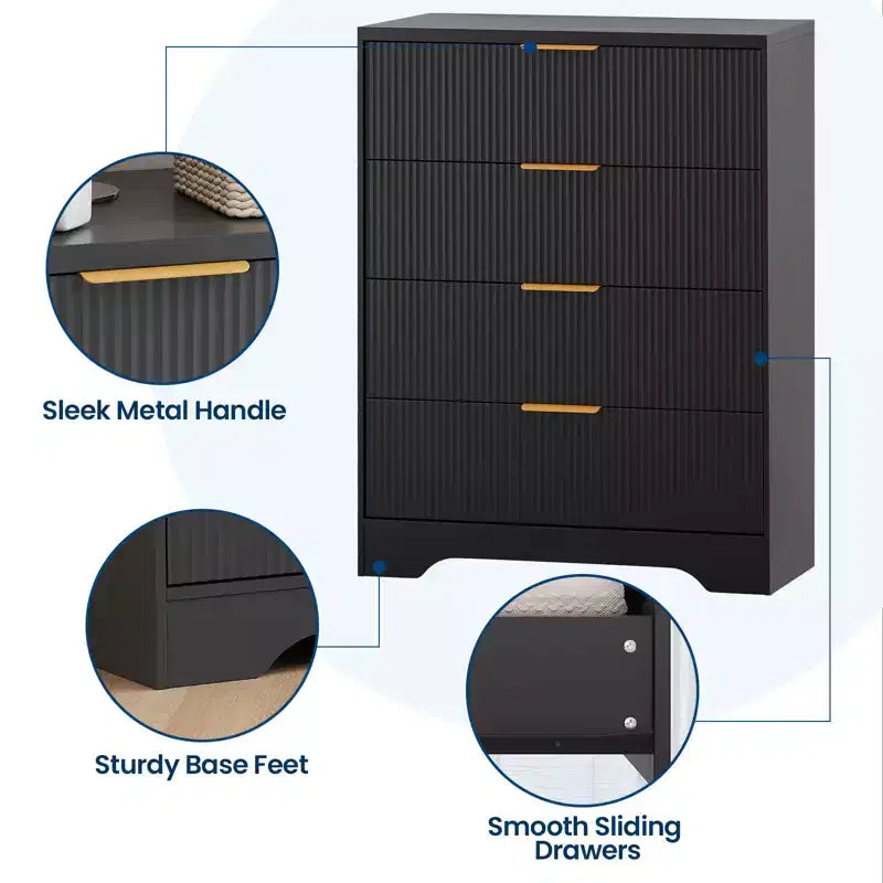 Commode à 4 tiroirs, commode moderne cannelée de 98 cm avec poignées dorées, rangement polyvalent pour chambre à coucher, salon, couloir et chambre de bébé