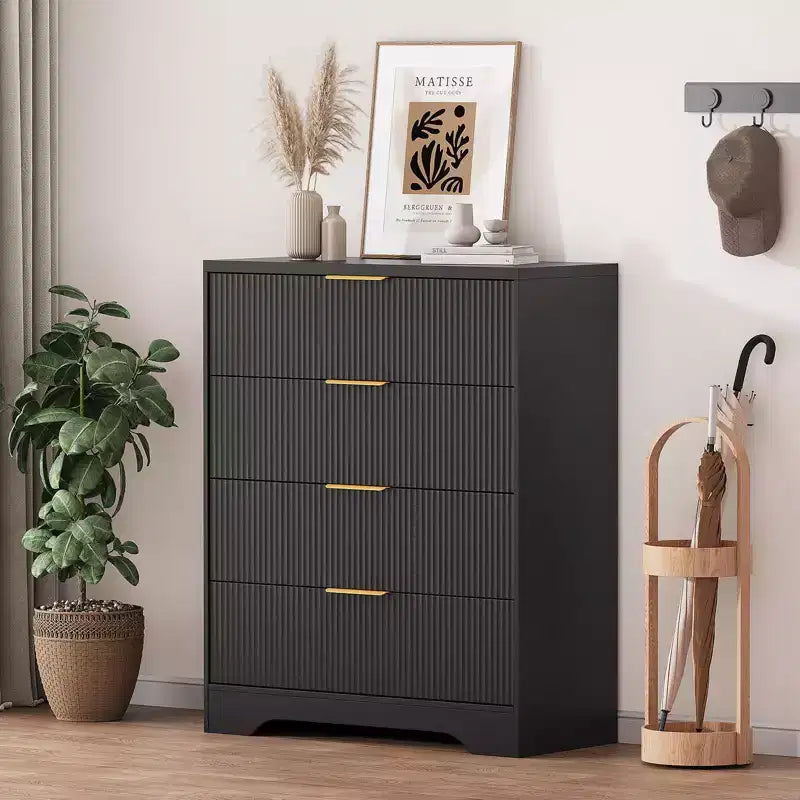 Commode à 4 tiroirs, commode moderne cannelée de 98 cm avec poignées dorées, rangement polyvalent pour chambre à coucher, salon, couloir et chambre de bébé