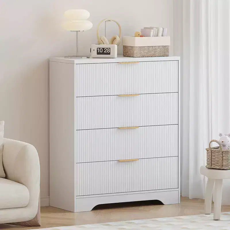 Commode à 4 tiroirs, commode moderne cannelée de 98 cm avec poignées dorées, rangement polyvalent pour chambre à coucher, salon, couloir et chambre de bébé