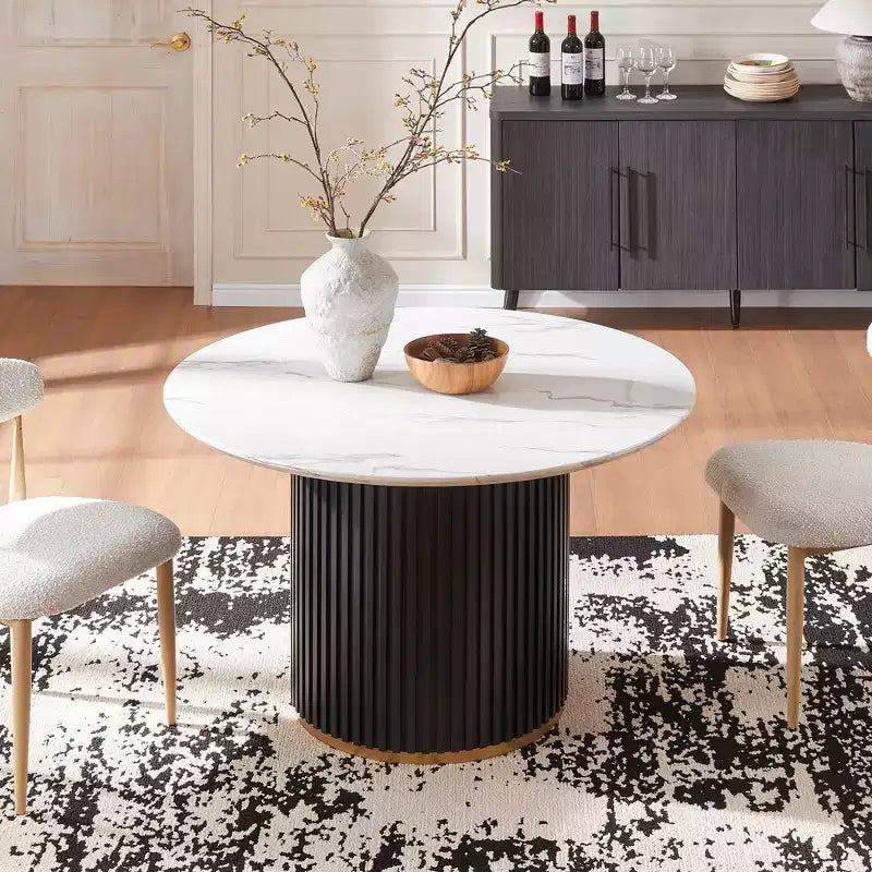 White Round Dining Table - 47 MDF Top with Single Cylinder Base, 300lbs Capacity, Adjustable Feet for Home Kitchen