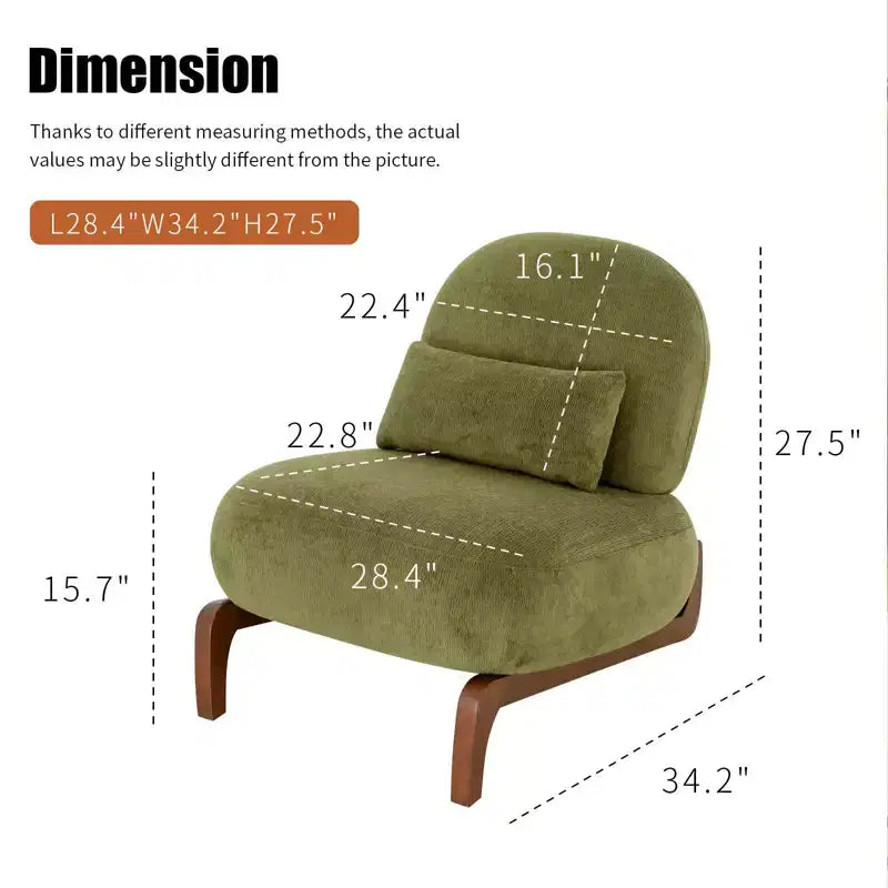 Fauteuil d'appoint en velours avec pieds en bois, chaise latérale rembourrée moderne sans accoudoirs avec oreiller, chaise de lecture pour appartement, salon, chambre à coucher