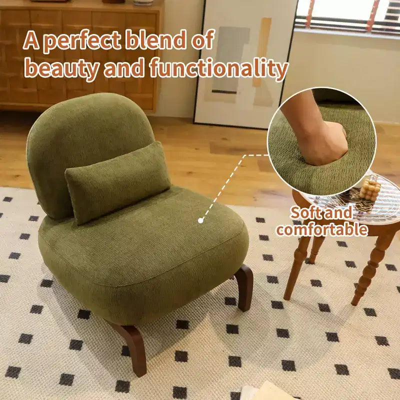 Fauteuil d'appoint en velours avec pieds en bois, chaise latérale rembourrée moderne sans accoudoirs avec oreiller, chaise de lecture pour appartement, salon, chambre à coucher
