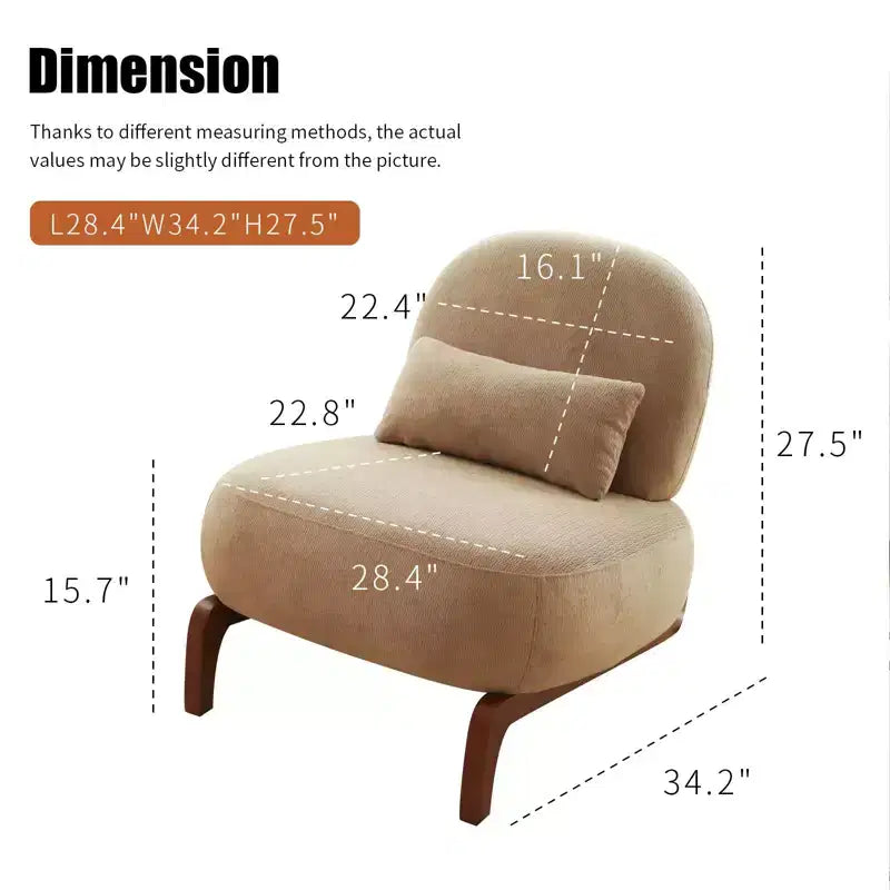 Fauteuil d'appoint en velours avec pieds en bois, chaise latérale rembourrée moderne sans accoudoirs avec oreiller, chaise de lecture pour appartement, salon, chambre à coucher