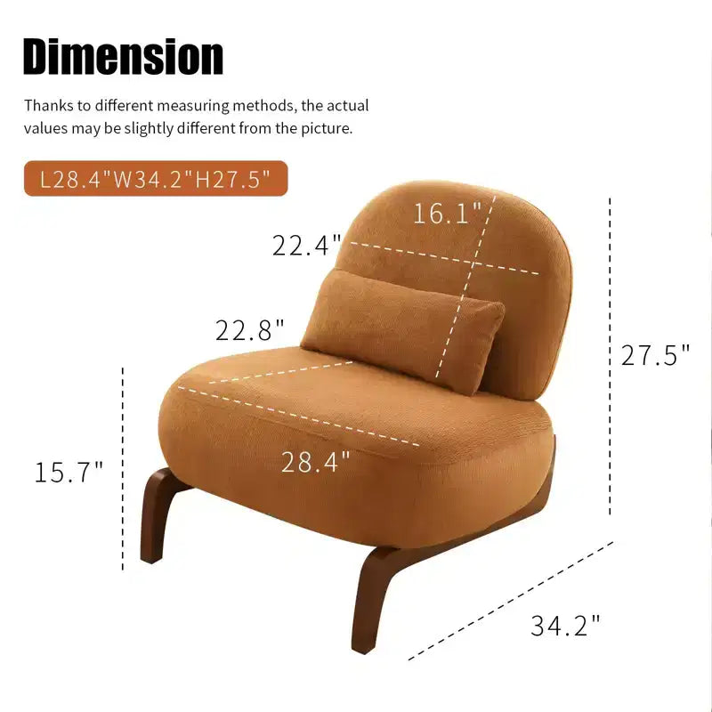 Fauteuil d'appoint en velours avec pieds en bois, chaise latérale rembourrée moderne sans accoudoirs avec oreiller, chaise de lecture pour appartement, salon, chambre à coucher