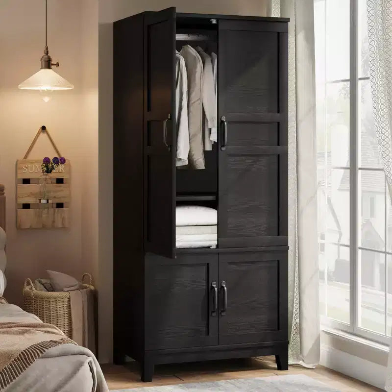 Armoire Wardrobe Closet with 4 Doors,72 Wooden Wardrobe Cabinet with Hanging Rod, Tall Armoire with 18 Adjustable Shelves for Bedroom, Clothes