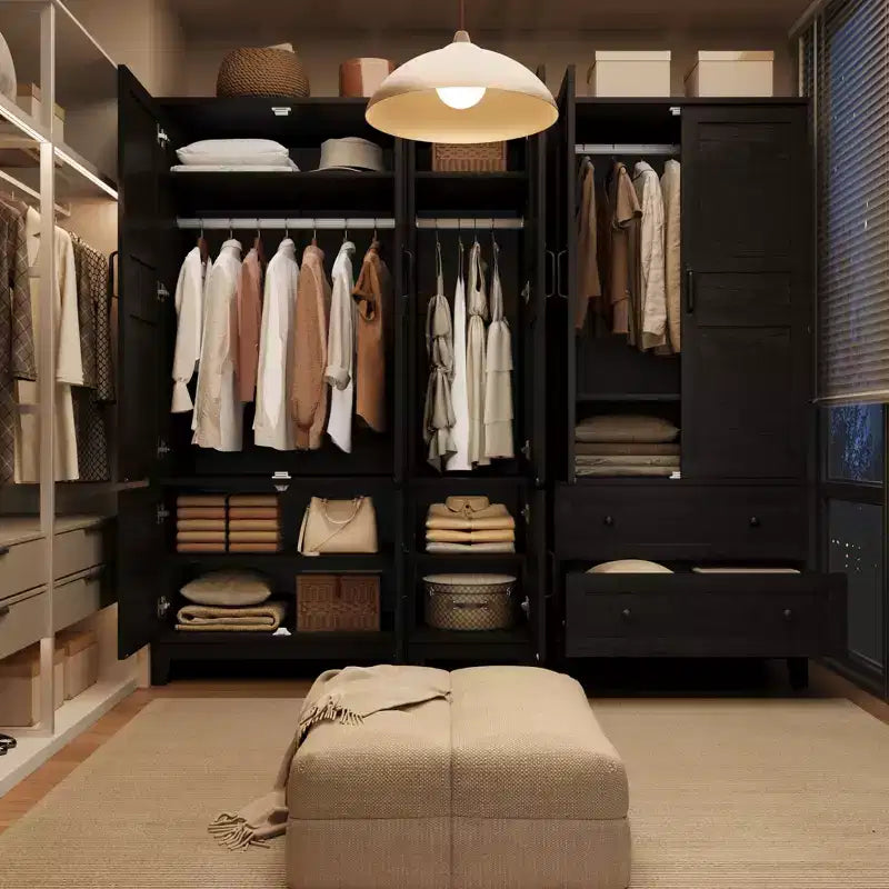 Armoire penderie avec 4 portes, armoire en bois de 182 cm avec tringle, armoire haute avec 18 étagères réglables pour chambre à coucher, vêtements