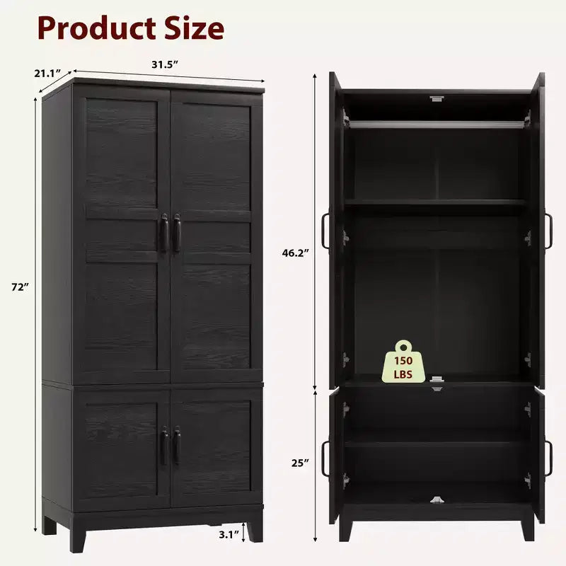 Armoire penderie avec 4 portes, armoire en bois de 182 cm avec tringle, armoire haute avec 18 étagères réglables pour chambre à coucher, vêtements