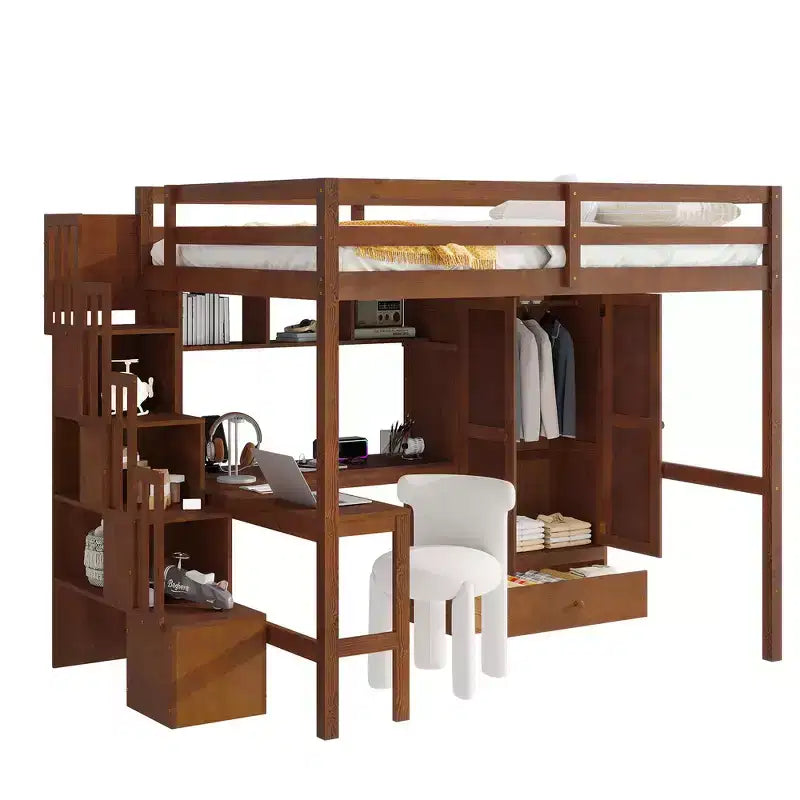Lit mezzanine pleine grandeur en bois avec bureau, étagères de rangement, tiroir, escalier intégré et armoire