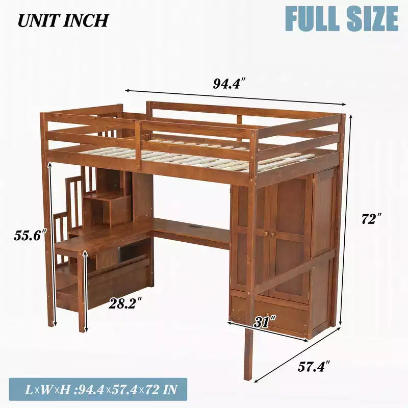 Lit mezzanine pleine grandeur en bois avec bureau, étagères de rangement, tiroir, escalier intégré et armoire