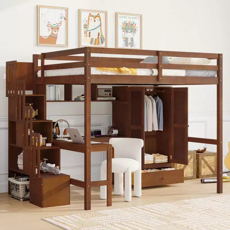 Lit mezzanine pleine grandeur en bois avec bureau, étagères de rangement, tiroir, escalier intégré et armoire