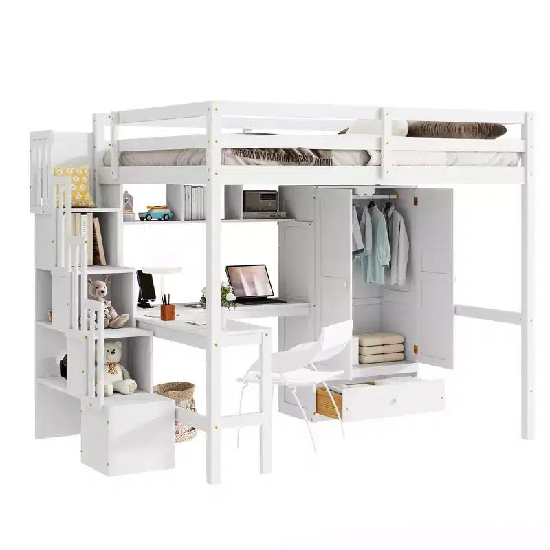 Lit mezzanine pleine grandeur en bois avec bureau, étagères de rangement, tiroir, escalier intégré et armoire