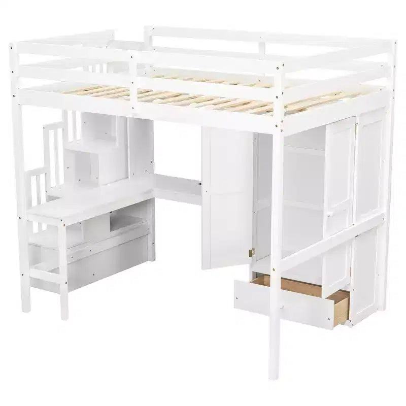Lit mezzanine pleine grandeur en bois avec bureau, étagères de rangement, tiroir, escalier intégré et armoire