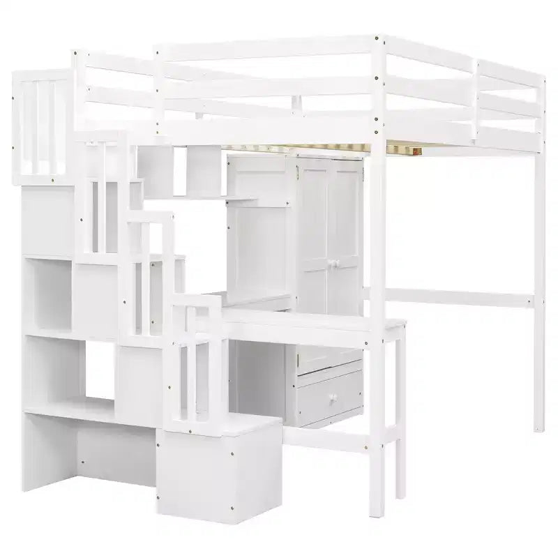 Lit mezzanine pleine grandeur en bois avec bureau, étagères de rangement, tiroir, escalier intégré et armoire