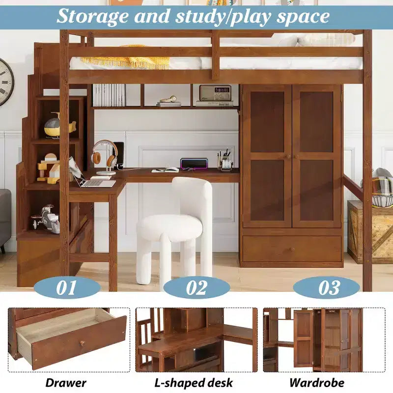 Lit mezzanine pleine grandeur en bois avec bureau, étagères de rangement, tiroir, escalier intégré et armoire