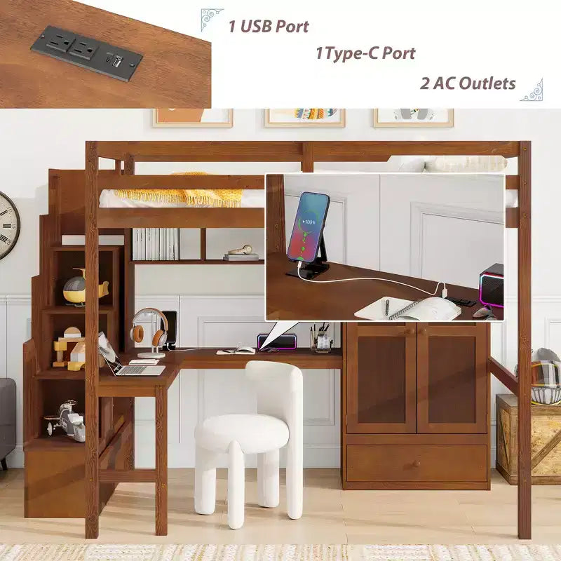 Lit mezzanine pleine grandeur en bois avec bureau, étagères de rangement, tiroir, escalier intégré et armoire