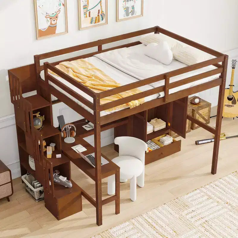 Whisen Full Size Loft Wood Bed Frame with Desk, Storage Shelves, Drawer, Built-in Staircase and Wardrobe