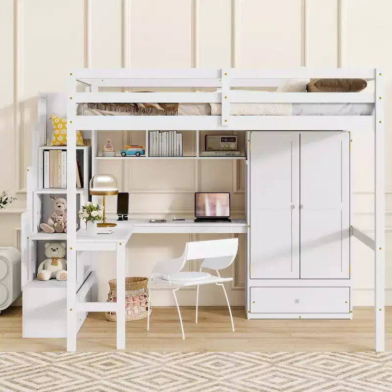 Lit mezzanine pleine grandeur en bois avec bureau, étagères de rangement, tiroir, escalier intégré et armoire