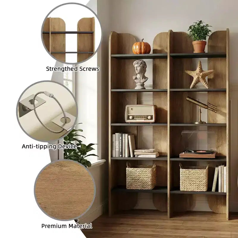 Étagère bibliothèque de style ferme à 5 niveaux, 180 cm de haut, double largeur, rangement ouvert