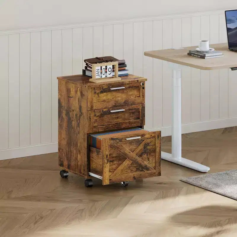 Classeur à 3 tiroirs avec serrure, meuble de classement mobile sous le bureau, organiseur de rangement en bois