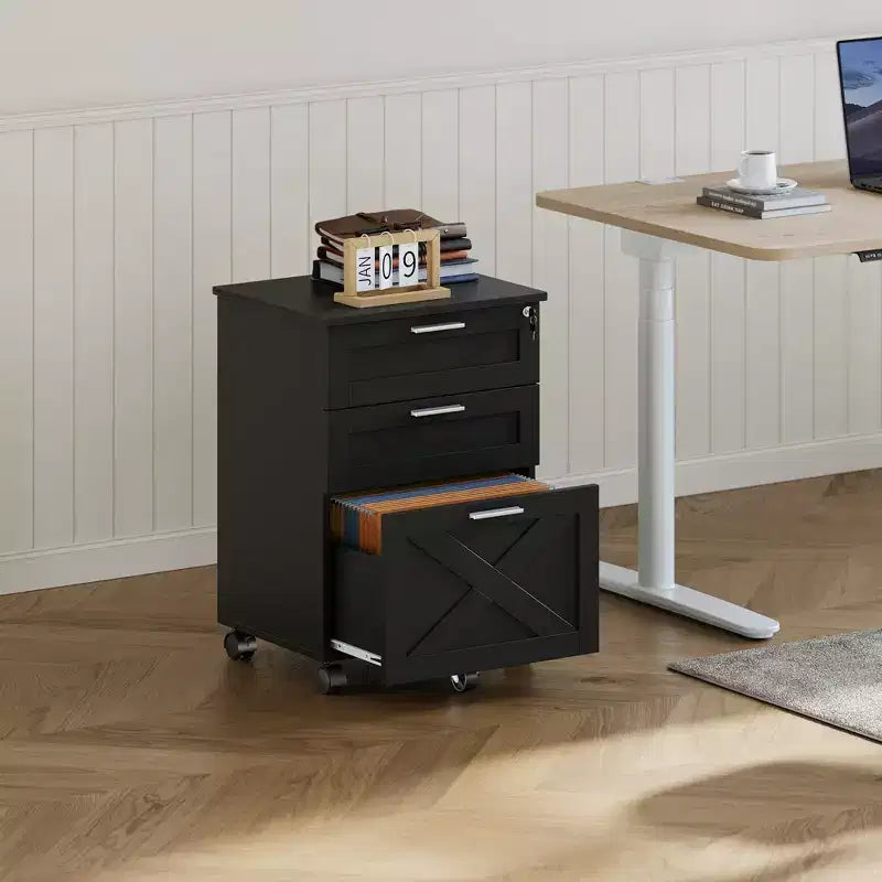 Classeur à 3 tiroirs avec serrure, meuble de classement mobile sous le bureau, organiseur de rangement en bois