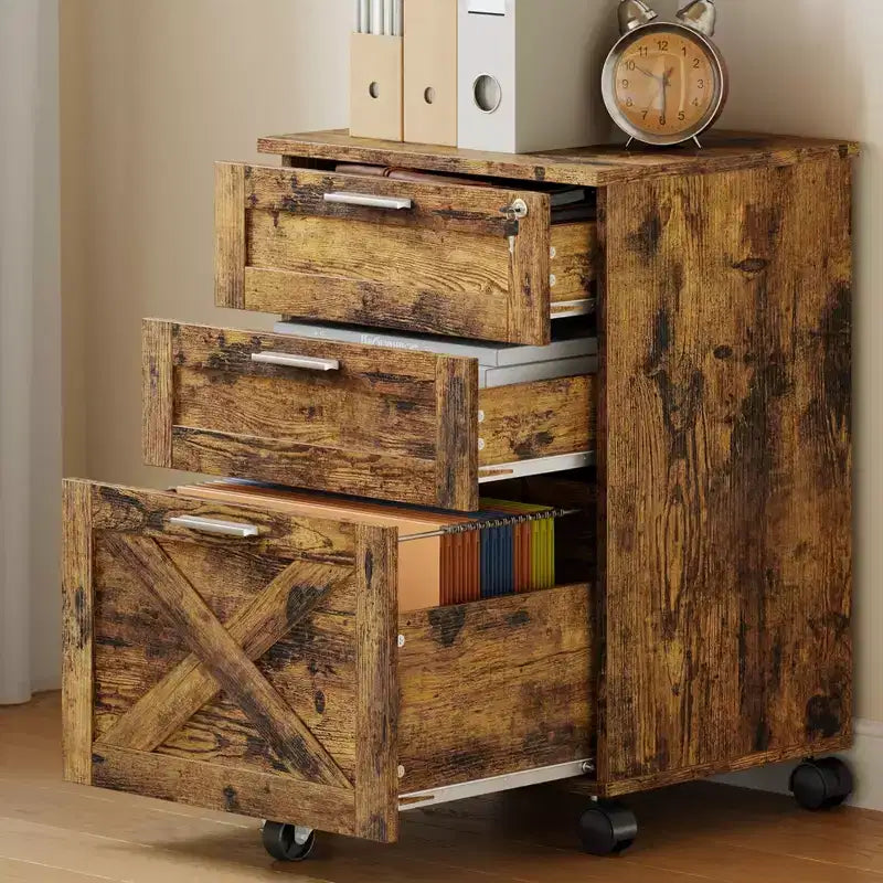 Classeur à 3 tiroirs avec serrure, meuble de classement mobile sous le bureau, organiseur de rangement en bois